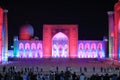 Samarkand, Uzbekistan at night: Beautiful Historic Registan Square at dusk. Ulugh Beg, Tilya-Kori and Sher-Dor madrasah Royalty Free Stock Photo