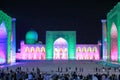 Samarkand, Uzbekistan at night: Beautiful Historic Registan Square at dusk. Ulugh Beg, Tilya-Kori and Sher-Dor madrasah Royalty Free Stock Photo