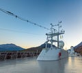 September 15, 2018 - Skagway, AK: Cruise ship navigation radar and positioning structure, at sunrise.