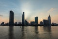 Skyline view from the river. Vietnamese City with modern building, high rise Relection on water of Asiatic Metropolis of Saigon