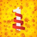 September 1st. Day of knowledge. Empty red ribbon with white number 1. Autumn background for poster. Orange leaves of maple. Abstr