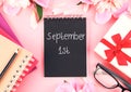 September 1st.Knowledge day.Back to school banner.School supplies and flowers top view Royalty Free Stock Photo