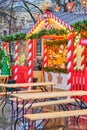 September 30, 2019, St. Petersburg: Christmas fair, a stall selling drinks and food