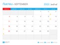 Thai Calendar Year 2022 Design, Thai Lettering, Calendar 2022 Template, September Month, Desk Calendar Vector Design, Wall Calenda
