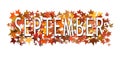 September text, word wrapped in and layered with autumnal leaves. Isolated on white background.