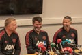 David May, Roy Keane and Ryan Giggs at the pre-match press conference at Pairc Ui Chaoimh, for the Liam Miller Tribute match