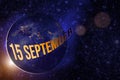 September 15th. Day 15 of month, Calendar date. Earth globe planet with sunrise and calendar day. Elements of this image furnished