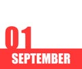 September. 01th day of month, calendar date. Red numbers and stripe with white text on isolated background.