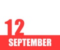 September. 12th day of month, calendar date. Red numbers and stripe with white text on isolated background