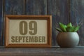september 9th. Day 9 of month, date in frame next to succulent on wooden background autumn month, day of the year concept Royalty Free Stock Photo