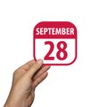 september 28th. Day 28 of month,hand hold simple calendar icon with date on white background. Planning. Time management. Set of