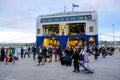 2018 September 24th, Syros ferryboat, Greece. Wind can be extremely strong on the Aegean sea. Tourists ready at the Pireaus port