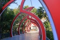 September 09 2023 - Tirana, Albania: Vodafone logos arching over a small Lana river bridge