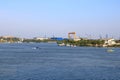 September 13 2021 - Tulcea in Romania: Industrial cargo port skyline, loading cranes in Tulcea on Danube river Royalty Free Stock Photo