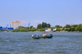 September 13 2021 - Tulcea in Romania: Industrial cargo port skyline, loading cranes in Tulcea on Danube river Royalty Free Stock Photo