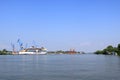 September 13 2021 - Tulcea in Romania: Industrial cargo port skyline, loading cranes in Tulcea on Danube river Royalty Free Stock Photo