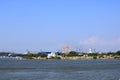 September 13 2021 - Tulcea in Romania: Industrial cargo port skyline, loading cranes in Tulcea on Danube river Royalty Free Stock Photo