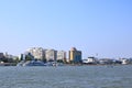 September 13 2021 - Tulcea in Romania:: View of the harbour area and Skyline of Tulcea Danube Delta Royalty Free Stock Photo