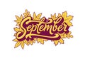 September typography with autumn leaves on white isolated background. Brush lettering for banner, poster, greeting card