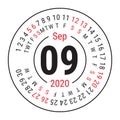 September 2020. Vector English ÃÂalendar. Round calender. Week starts on Sunday. Design template. Circle. Ninth month Royalty Free Stock Photo