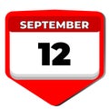 12 September Vector Icon Calendar Day. 12 Date Of September. Twelfth Day Of September. 12th Date Number. 12 Day Calendar