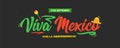 16 September Viva Mexico Independence Day text in spanish language with sombrero hat and maracas illustration.