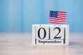 2 September of white Calendar with United States of America flag on wood background. copy space for text. Happy Labor day 2019 and Royalty Free Stock Photo