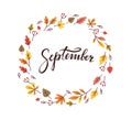 September word handwritten lettering in colorful autumn leaves wreath. - Vector illustration Royalty Free Stock Photo