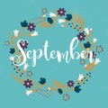 September. Wreath of flowers, leaves, dandelion, grass. Royalty Free Stock Photo