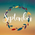 September. Wreath of flowers, leaves, dandelion, grass. Royalty Free Stock Photo