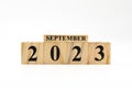 September 2023 written on wooden blocks isolated on white background with copy space Royalty Free Stock Photo