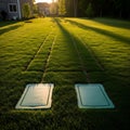 Septic Tank Access on Manicured Lawn at Sunset Royalty Free Stock Photo