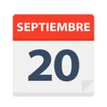 Septiembre 20 - Calendar Icon - September 20. Vector illustration of Spanish Calendar Leaf