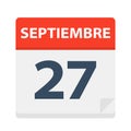 Septiembre 27 - Calendar Icon - September 27. Vector illustration of Spanish Calendar Leaf