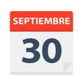 Septiembre 30 - Calendar Icon - September 30. Vector illustration of Spanish Calendar Leaf