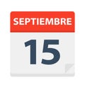 Septiembre 15 - Calendar Icon - September 15. Vector illustration of Spanish Calendar Leaf Royalty Free Stock Photo