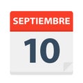 Septiembre 10 - Calendar Icon - September 10. Vector illustration of Spanish Calendar Leaf