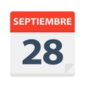 Septiembre 28 - Calendar Icon - September 28. Vector illustration of Spanish Calendar Leaf