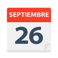 Septiembre 26 - Calendar Icon - September 26. Vector illustration of Spanish Calendar Leaf