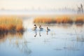 a sequence of ducks foraging in marshland at dawn