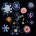 Sequence of evolving bacteria showcasing diverse forms and structures under microscope. Generative AI
