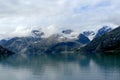 A panoramic view of Glacier Bay, Alaska, coming through the Inside Passage to view the calving of the glaciers. Royalty Free Stock Photo