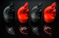 Sequence of Red and Black Knight Thai chess pieces with black background and selective focus Royalty Free Stock Photo