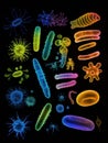 Sequence showing various stages of evolving bacteria in vibrant colors under microscopic view. Generative AI