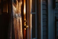 sequined prom gown hanging on a door, lit by warm light