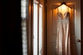 sequined prom gown hanging on a door, lit by warm light