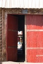 Monastery door in red at sera monastery tibet Royalty Free Stock Photo