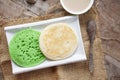 Serabi, Indonesian pancake made from rice flour with coconut milk. Usually eaten with kinca or thick golden coconut sugar syrup.