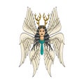 Seraph or Seraphim a Six-Winged Fiery Angel with Six Wings and Deer Antlers Tattoo Style Full Color