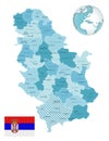 Serbia administrative blue-green map with country flag and location on a globe